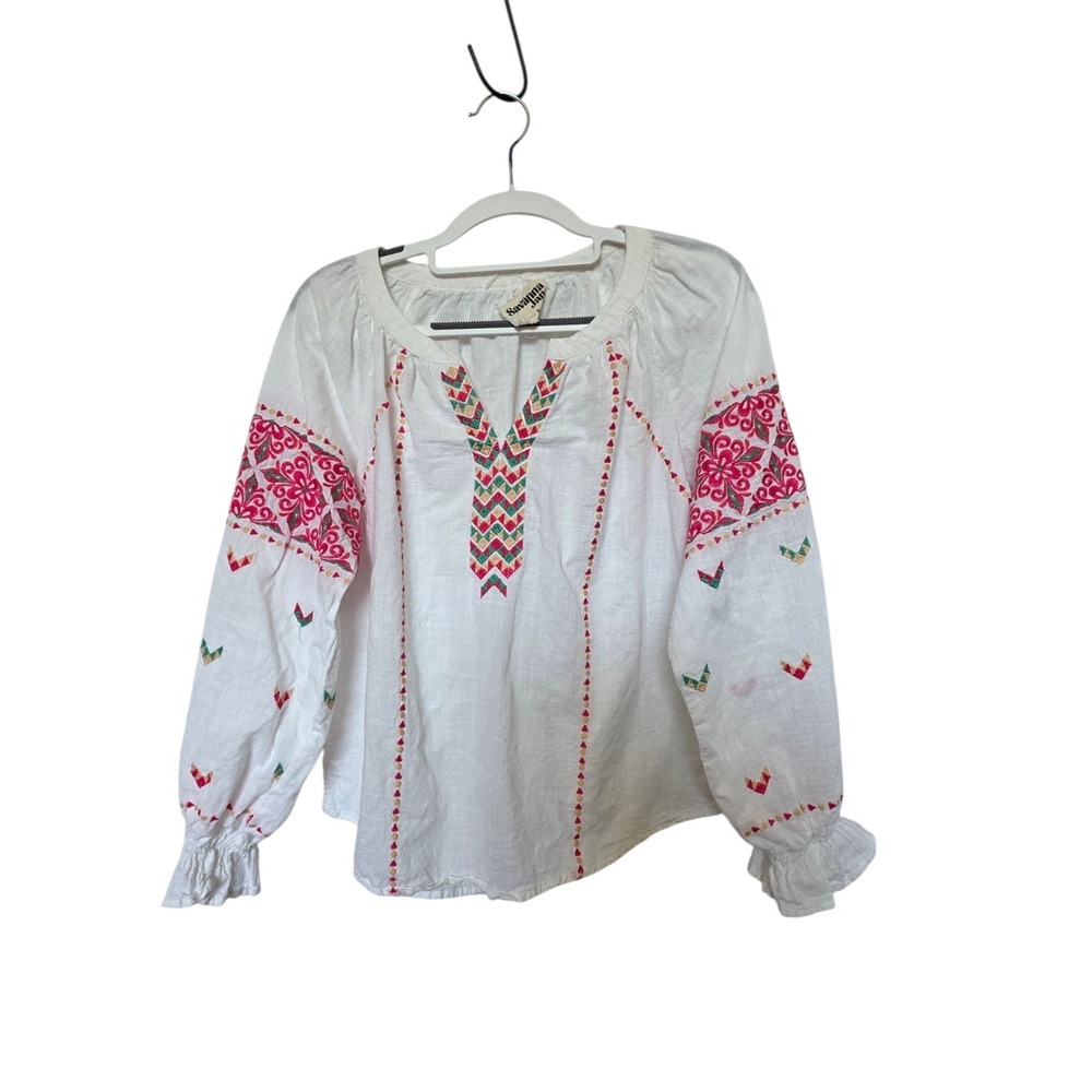 Savanna Jane Sz Small White Pink Embroidered Cotton Blouse Top Womens
